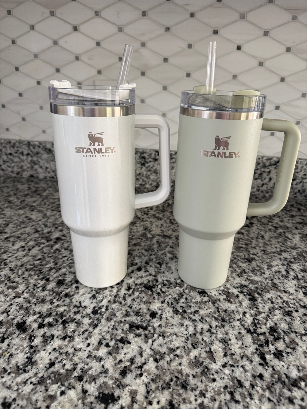Stanley 40 ozTravel Mug with Handle - White & Sage Green